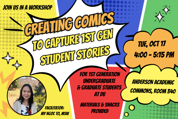 Bold text on a bright primary color background that looks like a comic book. "Creating Comics to capture first gen students."
