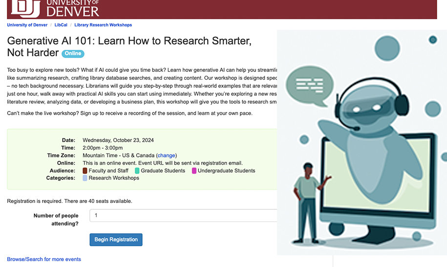 Screenshot of the workshop registration page for Generative AI 101: Learn how to research smarter, not harder. 