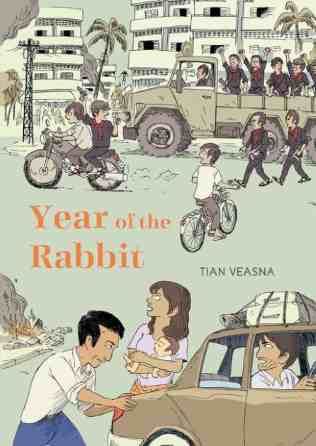 This is a book cover for the book, "Year of the Rabbit." There is an illustrated picture of a boy and girl trying to push a stalled car and character on motorcycles in the background