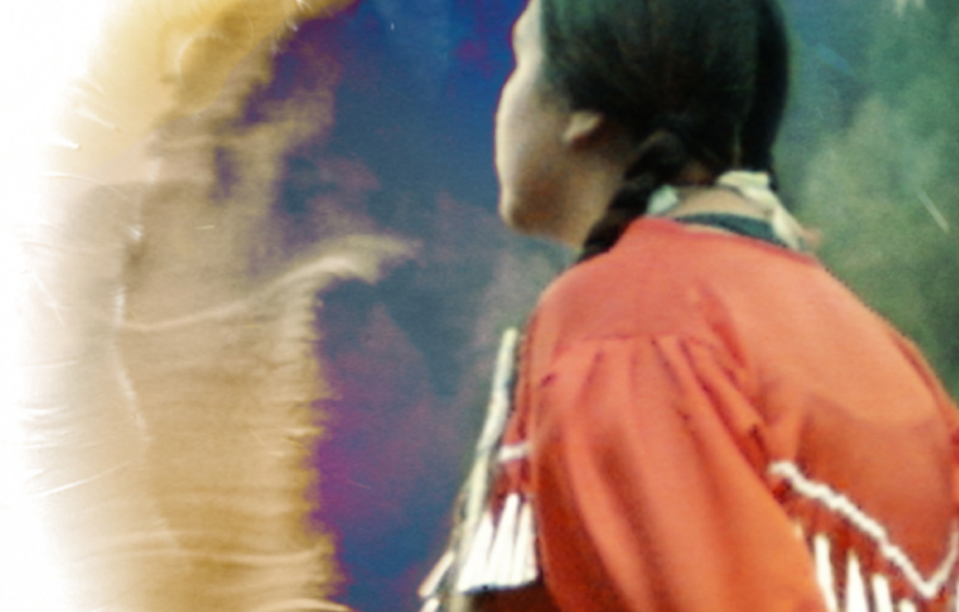 A dancer facing away from the camera with braids and a red dress.